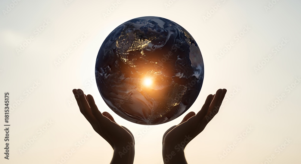 Fototapeta premium Silhouetted hands gently cradle planet Earth at dusk with city lights illuminating the dark side and a bright sunburst on the illuminated hemisphere holding protect world globe night