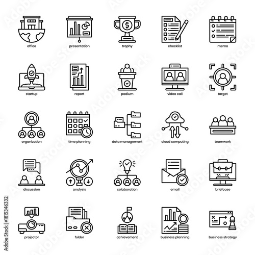 Business Planning and Office Management Icons Set – Strategy, Teamwork, Organization, Data Analysis, and Corporate Communication Line Vector Pack