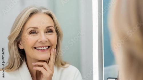 Mature happy adult female beauty face, smiling senior elder woman embracing natural beauty, radiating confidence, self assurance, contentment mirror, elegant blonde hair touches face, 196 characters