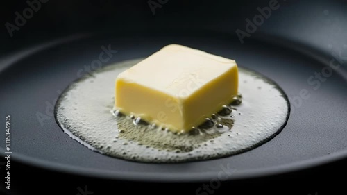 Golden yellow butter melting hot pan, creating frothy liquid rich aroma, slowly transforming delicious bubbling oil, ready cooking baking, evoking melting butter frying pan, creating rich inviting