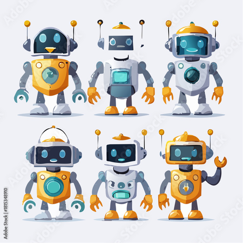 A vibrant collection of six distinct cartoon robots, showcasing unique designs and friendly expressions, perfect for technology, education, or playful graphic illustrations