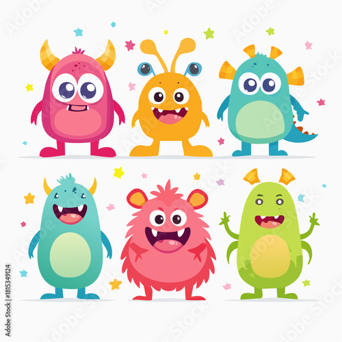 A collection of six vibrant and whimsical cartoon monsters, each with a unique personality and playful design, set against a clean white background with colorful confetti
