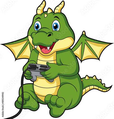 Cute dragon playing video game