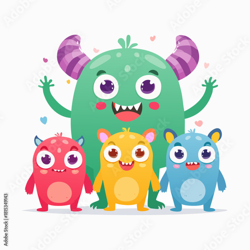 Adorable Green Monster Family with Three Cute Baby Monsters Smiling and Waving with Hearts