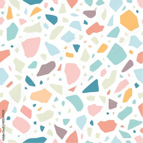 Seamless abstract geometric pattern with a playful and artistic mosaic design featuring irregular shapes in pastel colors, perfect for backgrounds and surface design