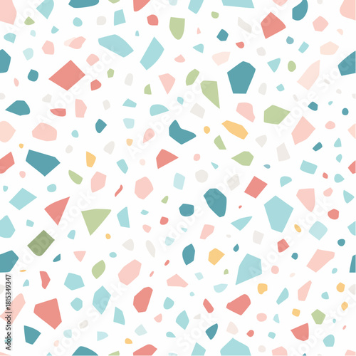 Abstract Terrazzo Pattern with Pastel Geometric Shapes on a White Background
