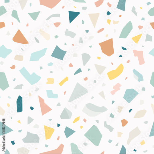 Seamless Terrazzo Pattern with Abstract Pastel Colored Fragments Scattered on a Clean White Background, Ideal for Modern Design, Decorative Surfaces, and Fashion Textiles