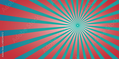 A vibrant retro sunburst background with radiating red and teal rays from a central point.