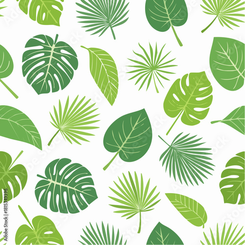 Exotic tropical leaves in a seamless repeating pattern, showcasing a refreshing array of green botanical elements that evoke a feeling of vibrant nature and lush, serene environments
