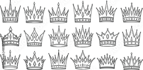 Hand drawn crown set, royal headpiece illustration, vintage line art vector, monarchy symbol design, decorative regal element, cad drawing flat vector illustration