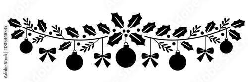 Christmas garland border with holly leaves, hanging ornaments, and ribbon bows in clean black silhouette vector design for festive seasonal graphic use