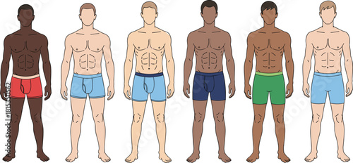 Male underwear models, boxer briefs diversity, fashion illustration vector, skin tone variation, body type representation, clothing design reference, apparel concept art