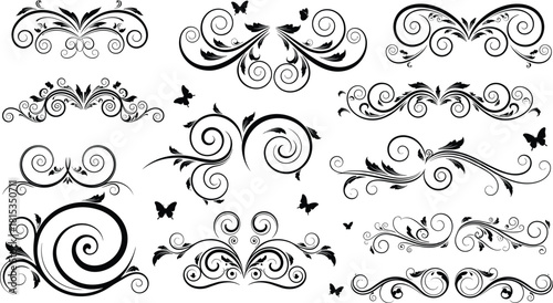 Ornate decorative flourish set, floral swirl vector, butterfly accent design, vintage embellishment graphic, elegant border element, cad drawing flat vector illustration
