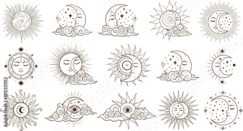 Celestial symbol illustration set, mystical sun moon vector, spiritual eye graphic, astrology themed design, cosmic element artwork, cad drawing flat vector illustration
