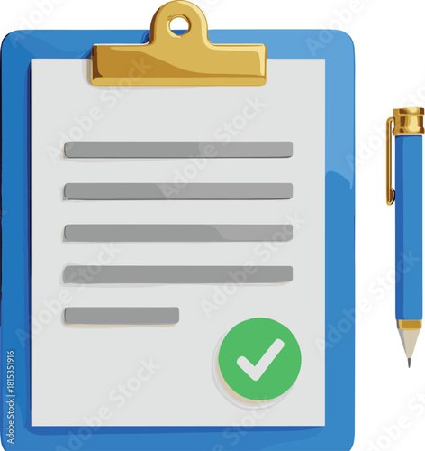 Clipboard checklist illustration, document approval icon, pen and paper vector, task management symbol, productivity design element, cad drawing flat vector illustration