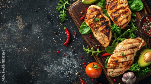 Vibrant top down view of a fresh salad featuring grilled chicken, avocado, and colorful vegetables