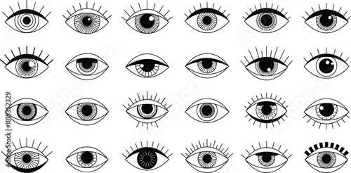 Stylized eye illustration set, black and white vector, artistic iris design, eyelash variation sketch, character detail graphic, cad drawing flat vector illustration