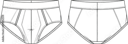 Briefs technical sketch, underwear flat design, front and back view, garment construction detail, fashion CAD drawing flat vector illustration
