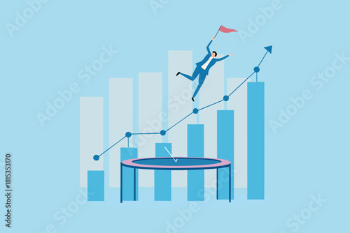 Businessman jumping on trampoline to reach business growth chart peak
