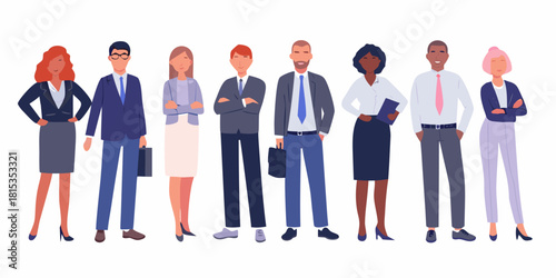 Diverse group of business professionals standing together confidently on white background