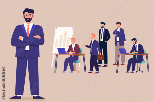 Confident business leader with team in background illustration