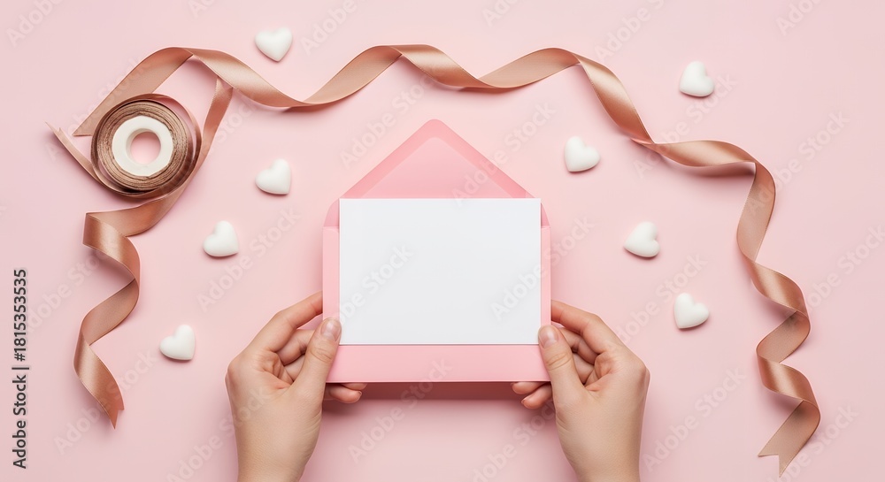 Obraz premium Hands hold a pink envelope with a blank white card surrounded by rose gold ribbon a roll of ribbon and scattered white heart shapes on a pastel pink background hearts message invitation greeting
