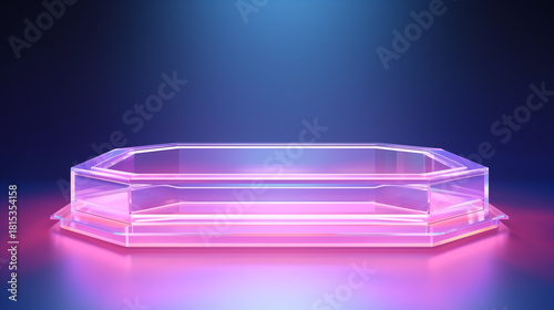 Empty Modern Transparent Octagonal Glass Pedestal Illuminated by Vibrant Pink and Blue Neon Lights, Ideal for Product Showcase or Abstract Background