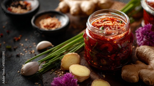 Colorful jar of spicy fermented vegetables with garlic, ginger, chives, and sesame seeds on dark rustic background for healthy cooking and food styling