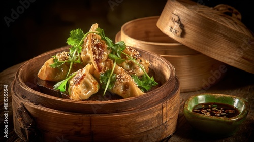 Fototapeta Naklejka Na Ścianę i Meble -  Delicious dumplings served in a traditional bamboo steamer with sesame seeds and cilantro garnished, accompanied by a small bowl of dipping sauce