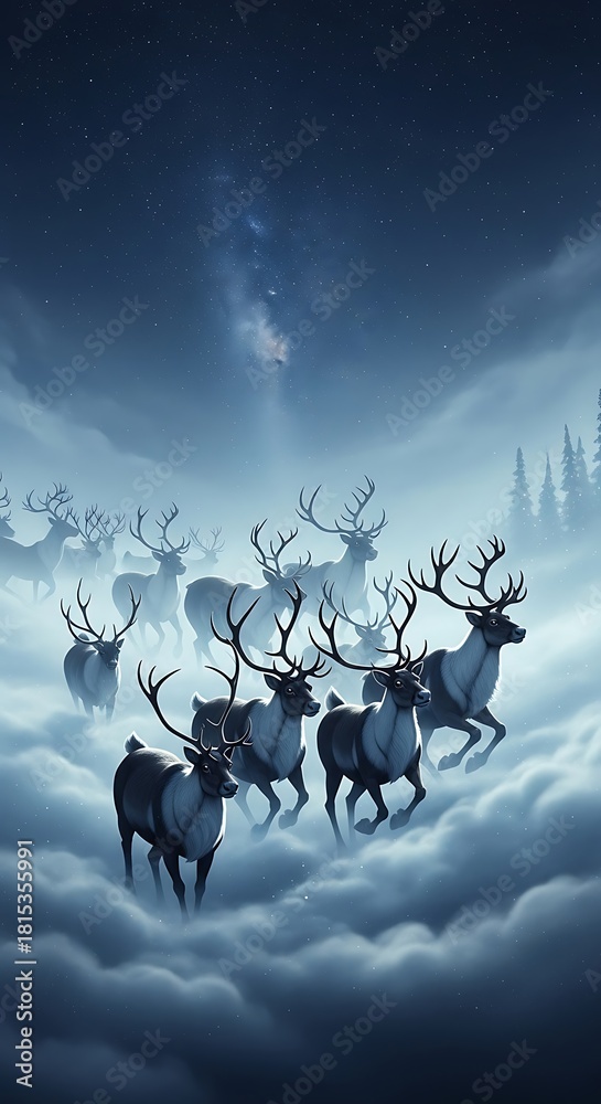 Naklejka premium Majestic Reindeer Herd in a Snowy Landscape, Winter Scene.