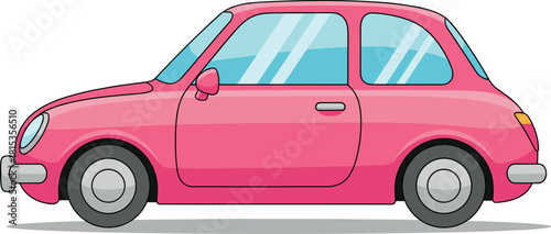 Cute pink compact cartoon car side view vector illustration for fun travel, playful transport, urban mobility, and retro-style graphic design.