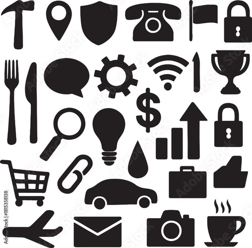 Business, Tool, and Communication Black Silhouette Icon Set
