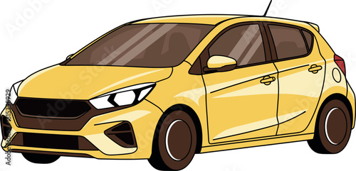 Bright yellow compact hatchback car illustration in flat cartoon style, perfect for representing urban transportation, economy, and fun city driving concepts.