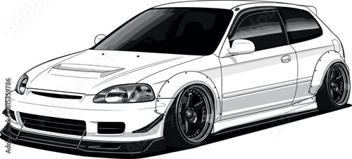 Classic JDM style modified hatchback car illustration, featuring custom wide body kit, lowered suspension, and aggressive stance in monochrome vector design.