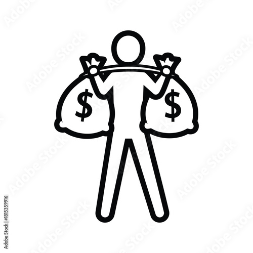 Stick figure carrying two heavy money bags with dollar signs isolated on