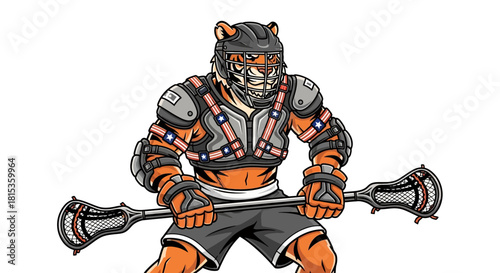 Cartoon tiger character in lacrosse gear holding a lacrosse stick, ready for action.