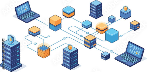 Isometric illustration of a data network with servers databases and laptops connected.