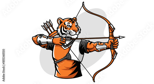 Cartoon tiger archer aiming with bow and arrow, wearing armor, ready to shoot.