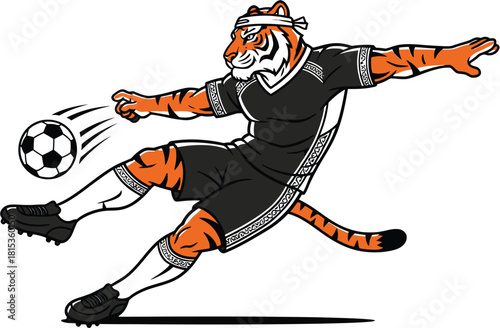 A muscular tiger in soccer uniform kicking a soccer ball with power.