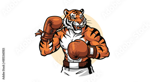 A fierce tiger wearing boxing gloves, ready to fight with aggressive stance.