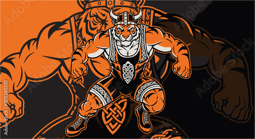 Tiger warrior illustration wearing a Viking helmet and wrestling gear, with a larger tiger silhouette behind.