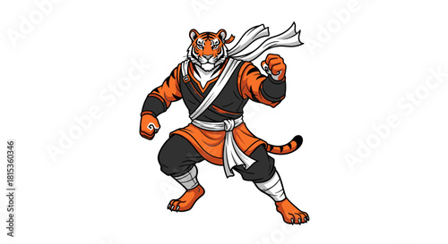 Cartoon tiger dressed in martial arts attire, striking a fighting pose with a determined expression.