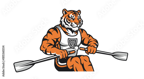 A tiger mascot rowing a boat, wearing a singlet and holding oars.