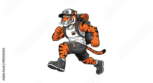 Cartoon tiger character hiking with backpack, wearing hat, shorts, and hiking boots, running forward.