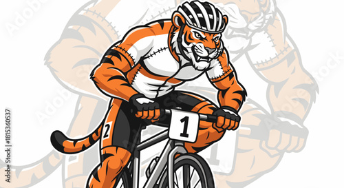 Cartoon tiger cyclist wearing a helmet and racing jersey rides a bike with determination.