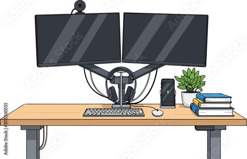 Modern Home Office Setup with Dual Monitors and Ergonomic Desk 1.