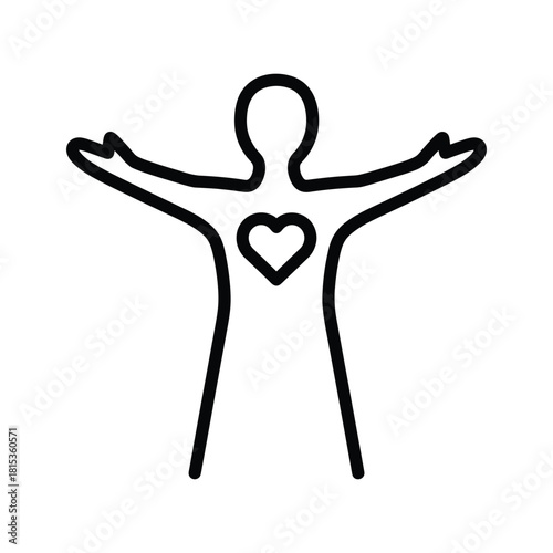 Outline icon of human figure with open arms and heart symbol isolated on