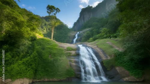 Experience the mesmerizing beauty of a cascading waterfall amidst lush greenery in this scenic nature video