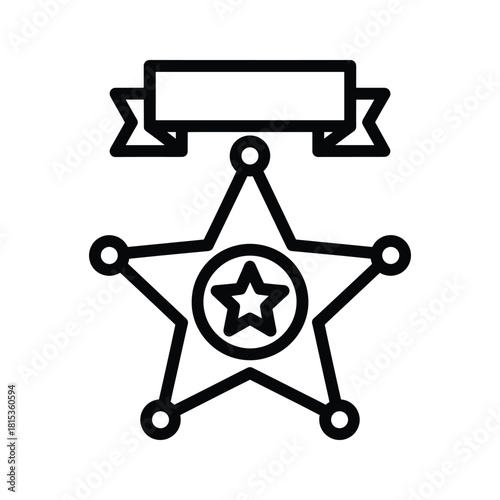 Sheriff badge icon with star and ribbon, isolated on