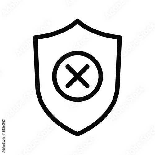 Black outline icon of a shield with a cross mark inside isolated on